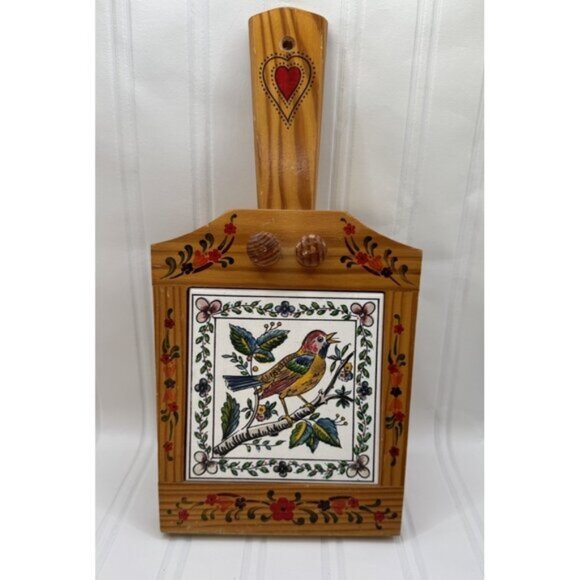 Colorful Floral Bird Ceramic Tile Wood Cutting Board, Hanging Hand Painted Trim! - Picture 1 of 8